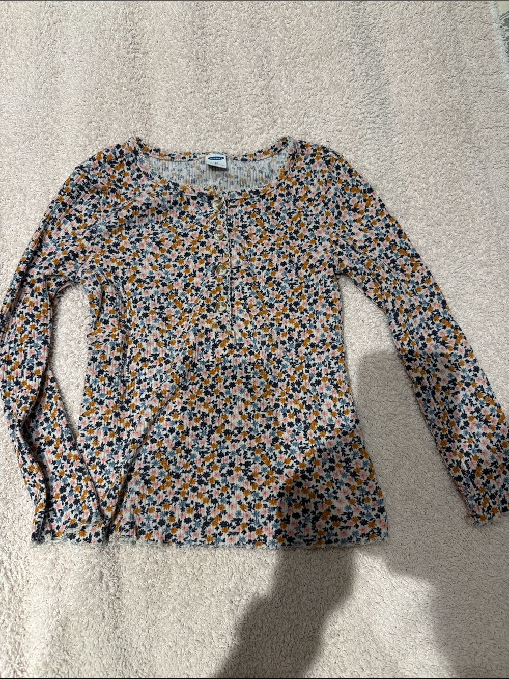 Girls Floral Long-Sleeve Ribbed Henley Top - Pink & Mustard